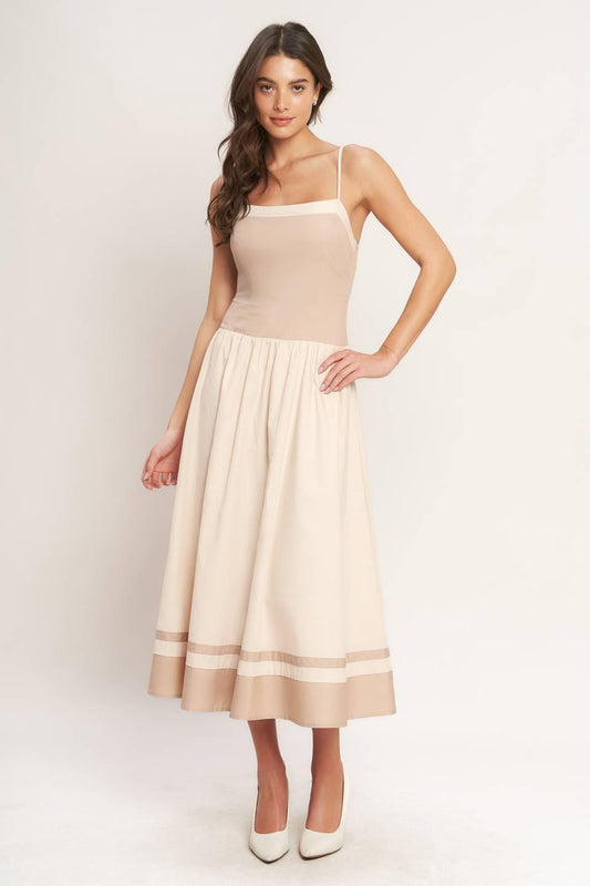 Spring Harmony Color Blocked Midi Dress in light taupe, view 1 — Soul Flow Apparel