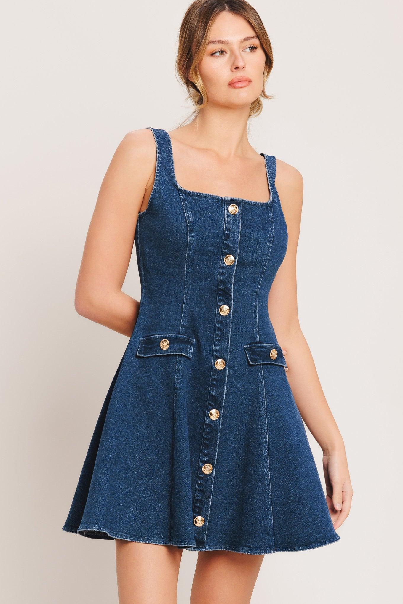 Urban Polish Denim Mini Dress in medium indigo, view 2 — Soul Flow Apparel