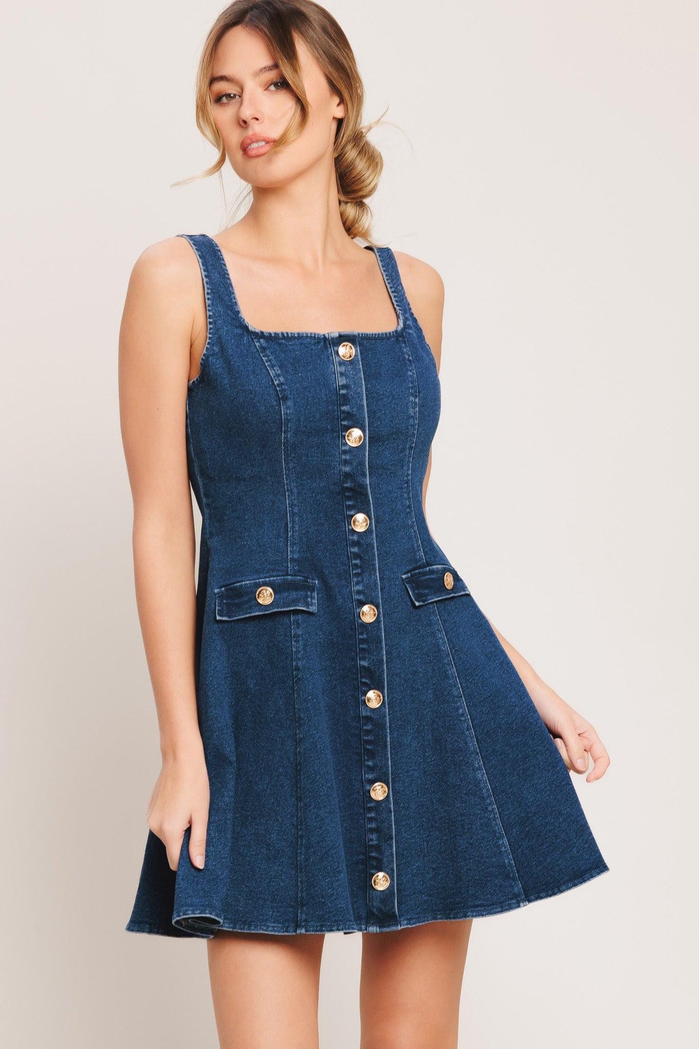 Urban Polish Denim Mini Dress in medium indigo, view 3 — Soul Flow Apparel