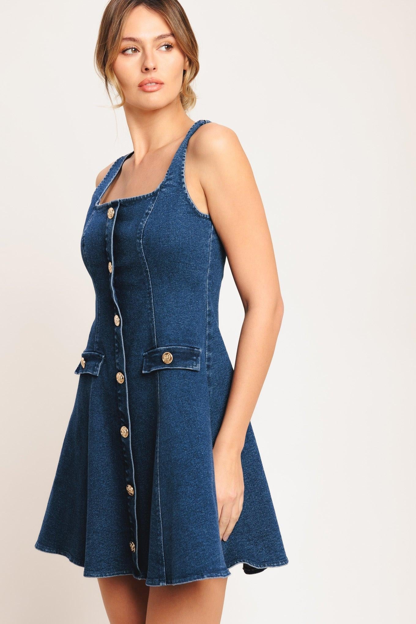 Urban Polish Denim Mini Dress in medium indigo, view 4 — Soul Flow Apparel