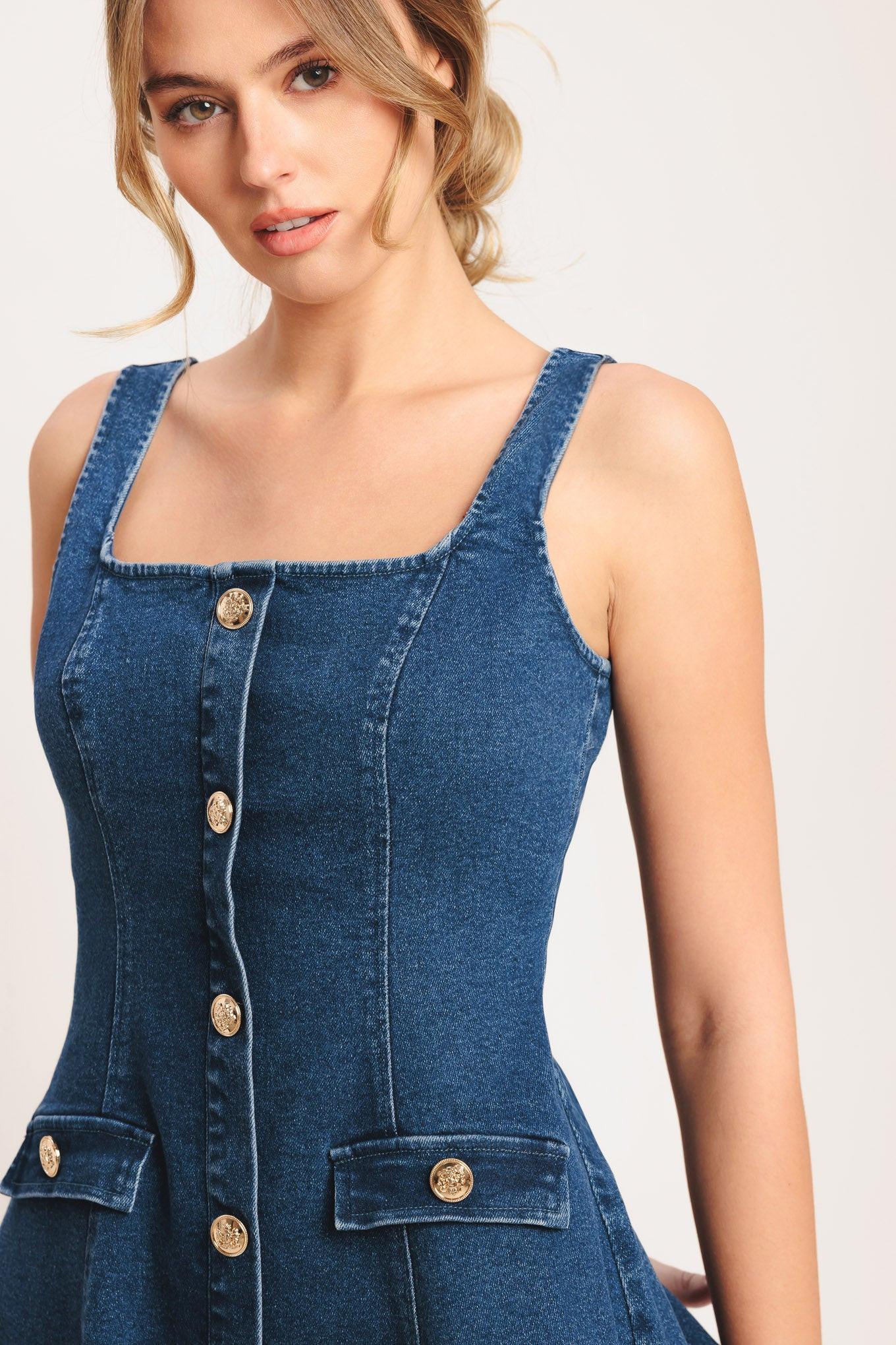 Urban Polish Denim Mini Dress in medium indigo, view 5 — Soul Flow Apparel