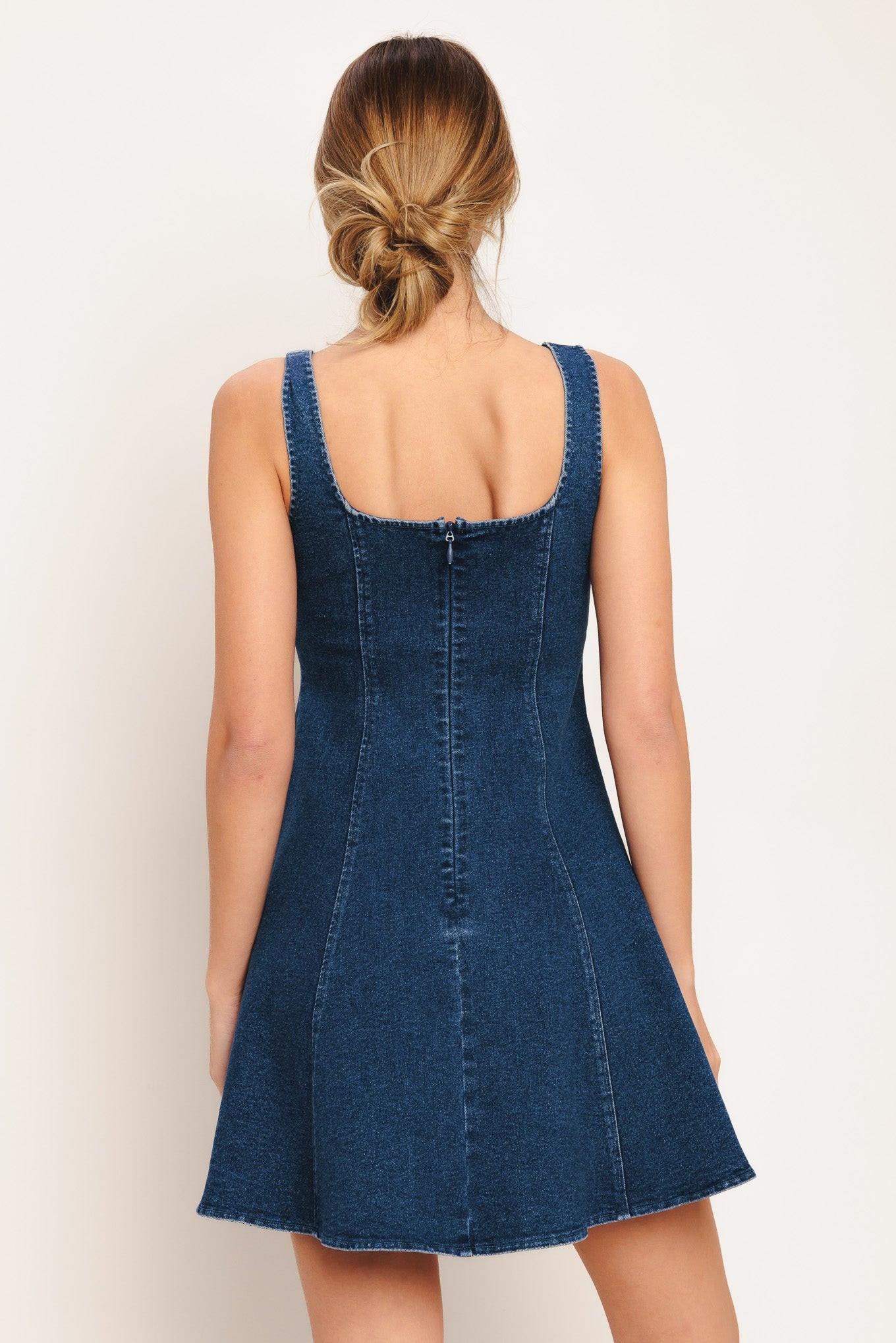Urban Polish Denim Mini Dress in medium indigo, view 6 — Soul Flow Apparel