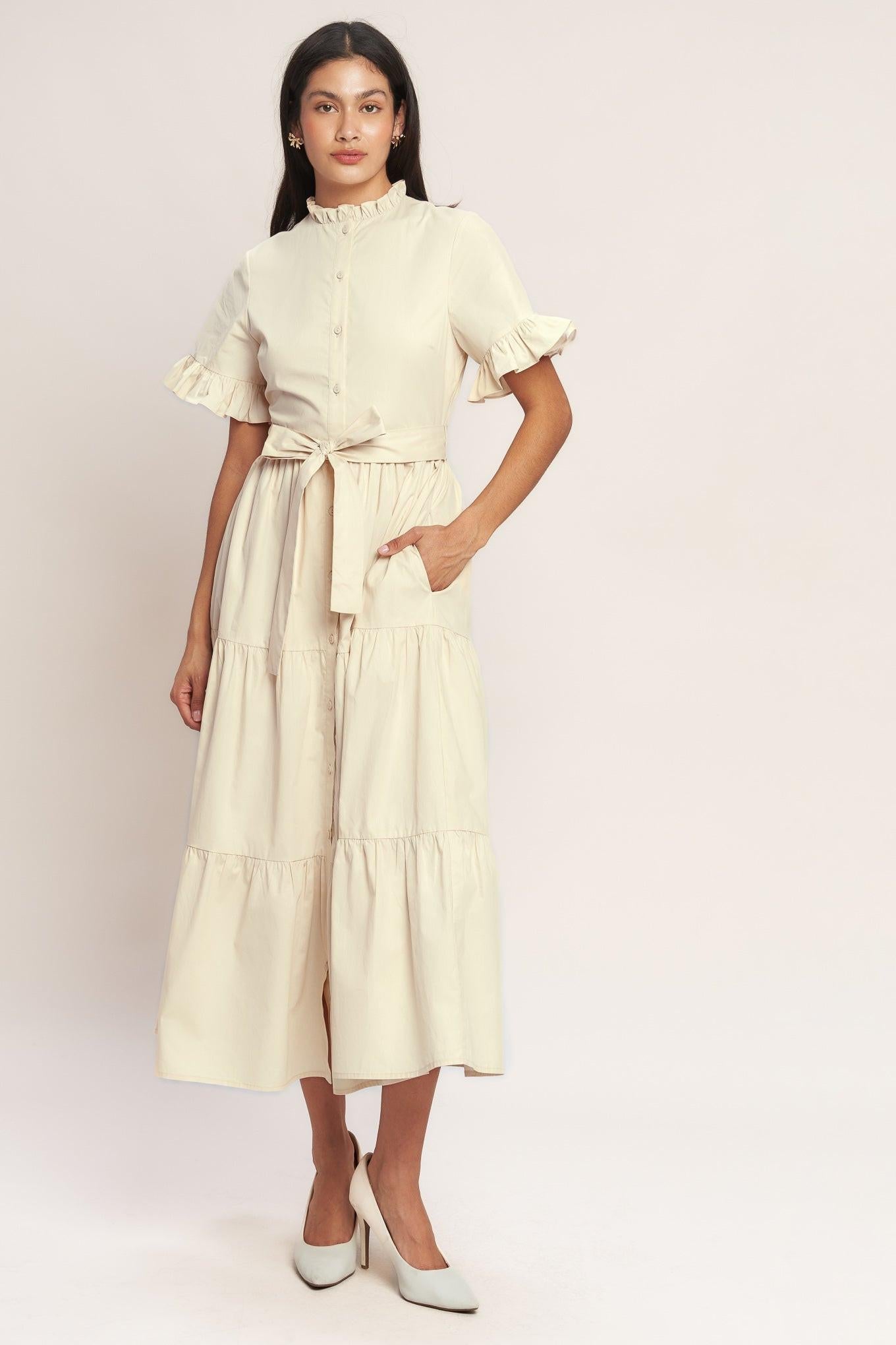 Feels Like a Compliment Woven Midi Dress in cream, view 1 — Soul Flow Apparel