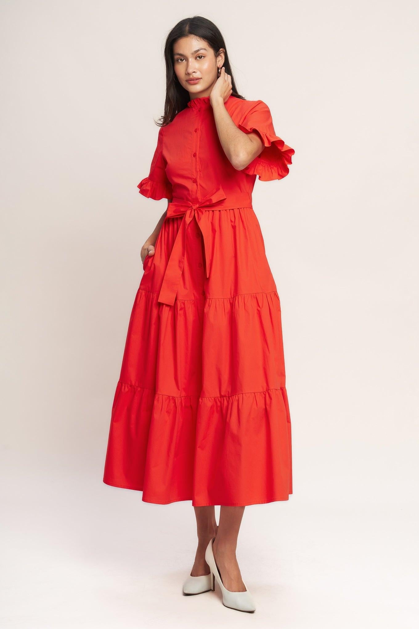 Feels Like a Compliment Woven Midi Dress in orange red, view 1 — Soul Flow Apparel