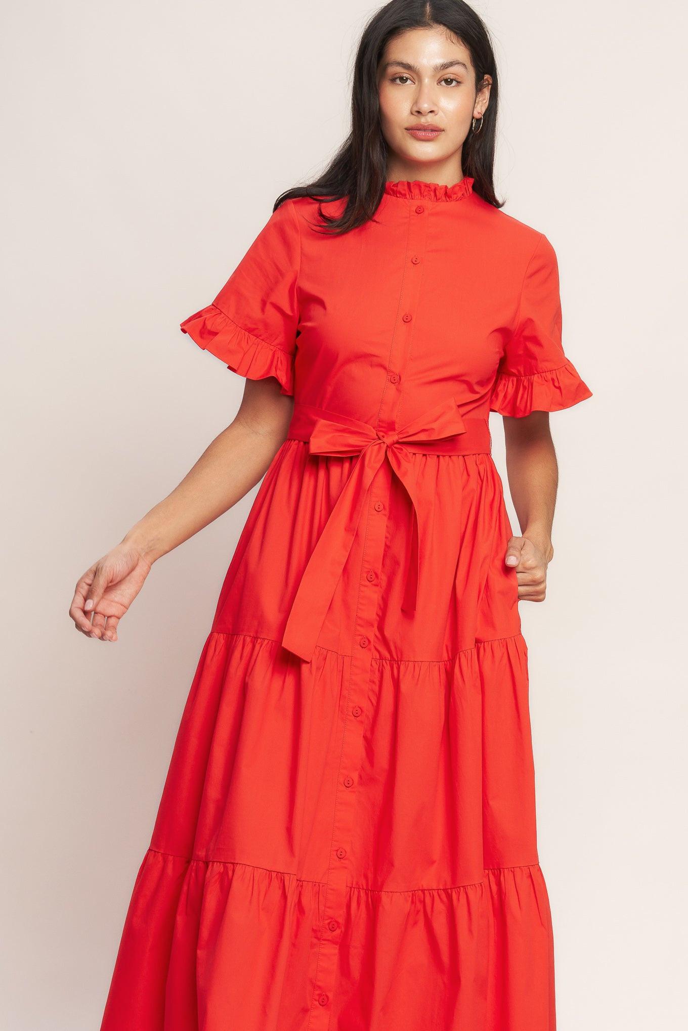 Feels Like a Compliment Woven Midi Dress in orange red, view 2 — Soul Flow Apparel