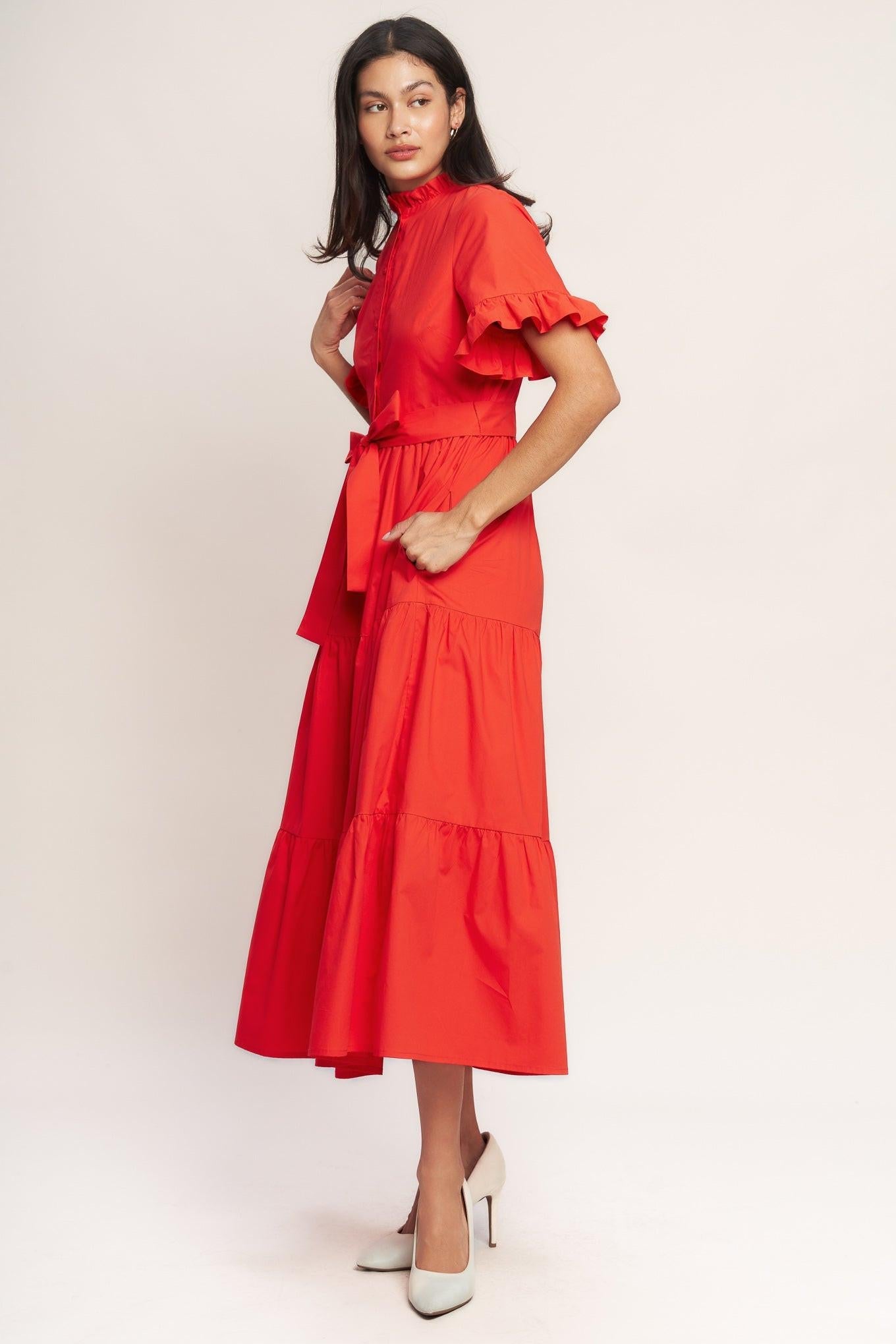 Feels Like a Compliment Woven Midi Dress in orange red, view 3 — Soul Flow Apparel