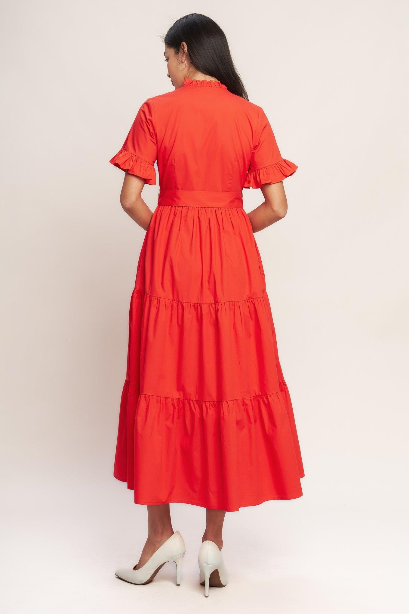Feels Like a Compliment Woven Midi Dress in orange red, view 4 — Soul Flow Apparel