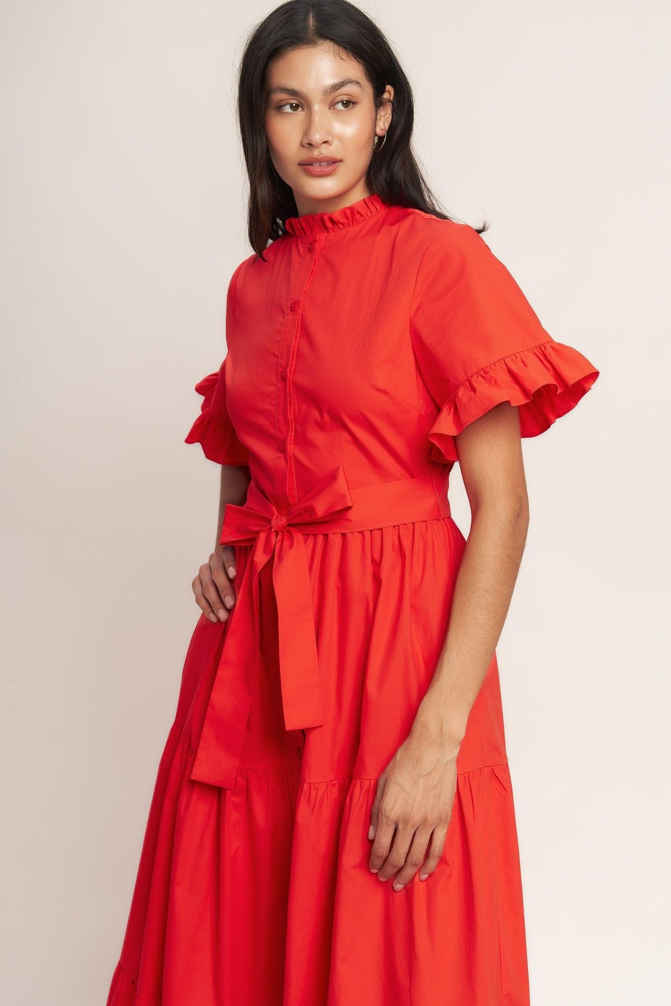 Feels Like a Compliment Woven Midi Dress in orange red, view 6 — Soul Flow Apparel
