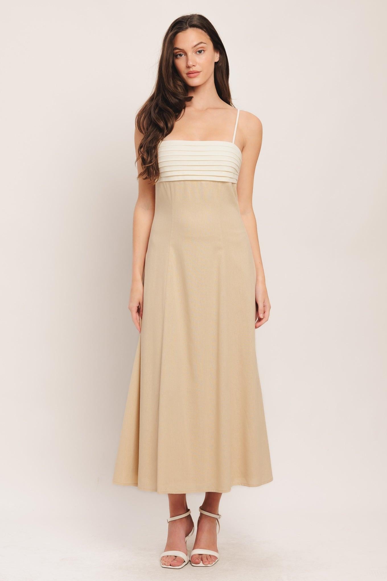 Quiet Luxe Moment Woven Midi Dress in light beige, view 1 — Soul Flow Apparel