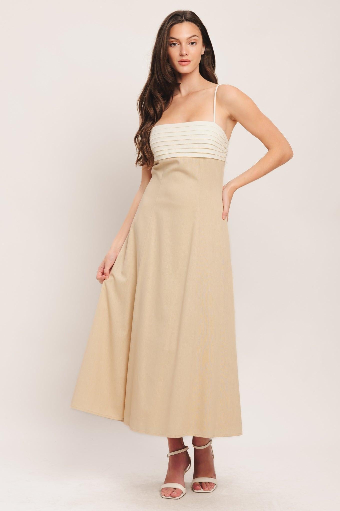Quiet Luxe Moment Woven Midi Dress in light beige, view 2 — Soul Flow Apparel