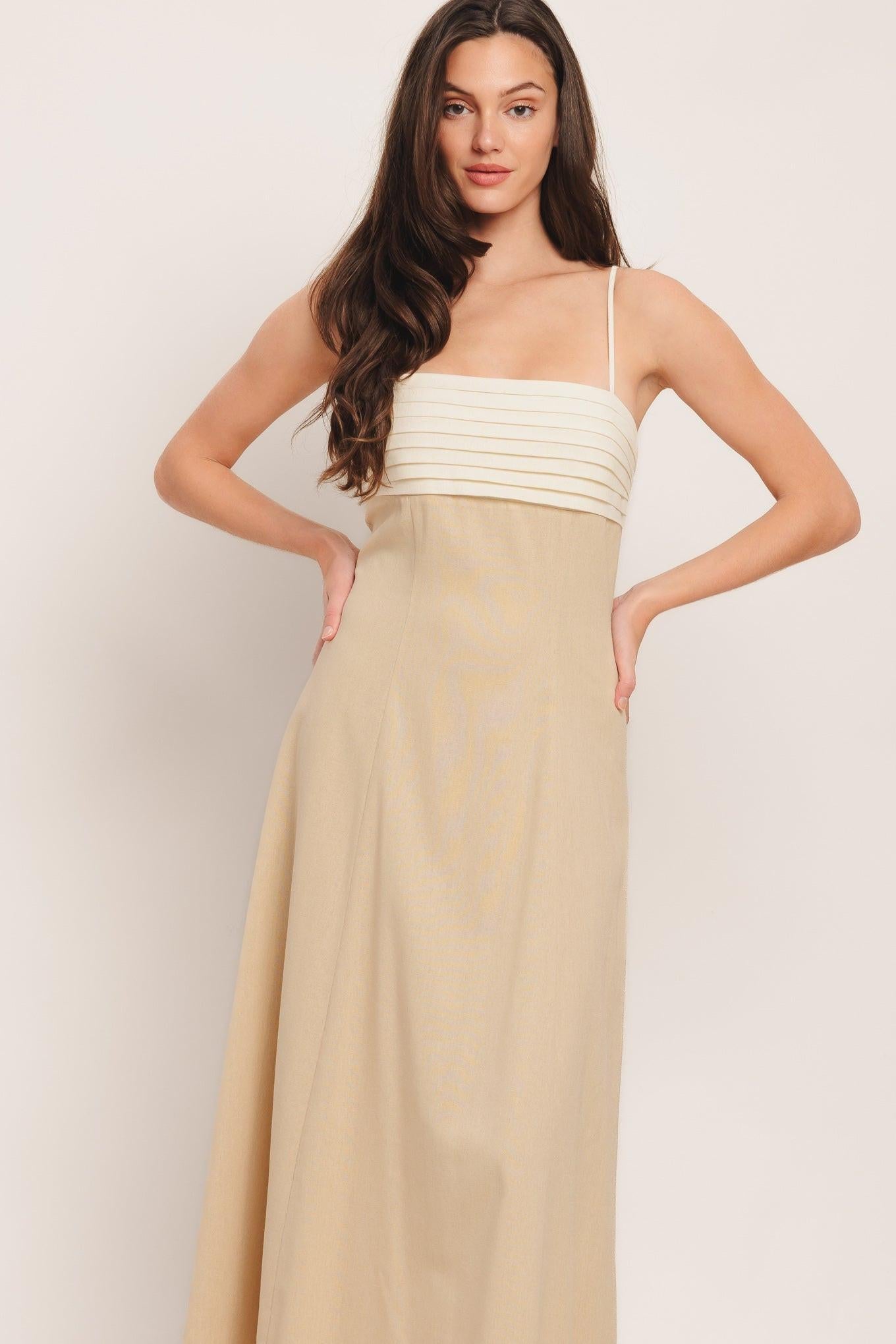 Quiet Luxe Moment Woven Midi Dress in light beige, view 3 — Soul Flow Apparel
