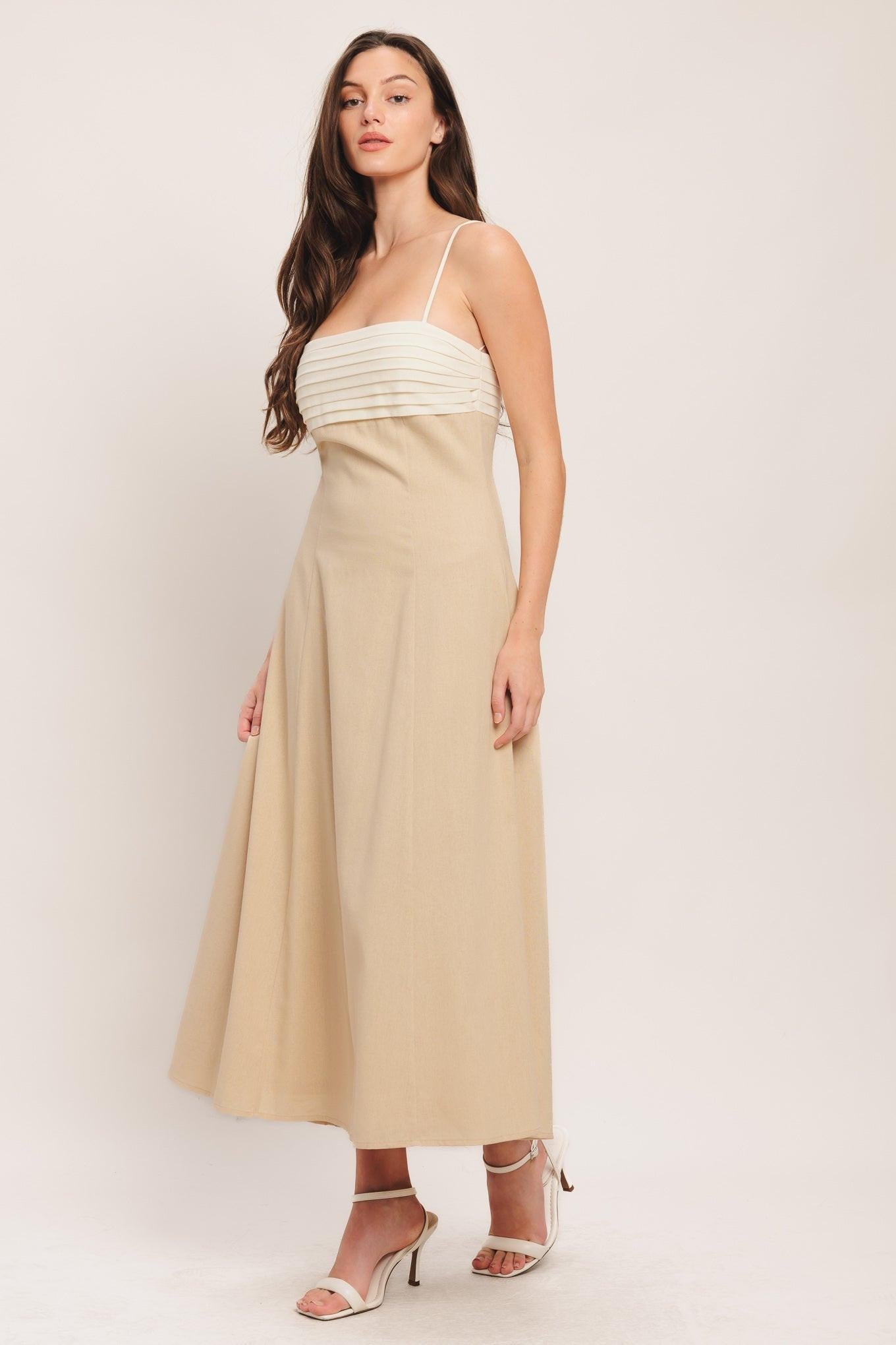 Quiet Luxe Moment Woven Midi Dress in light beige, view 4 — Soul Flow Apparel