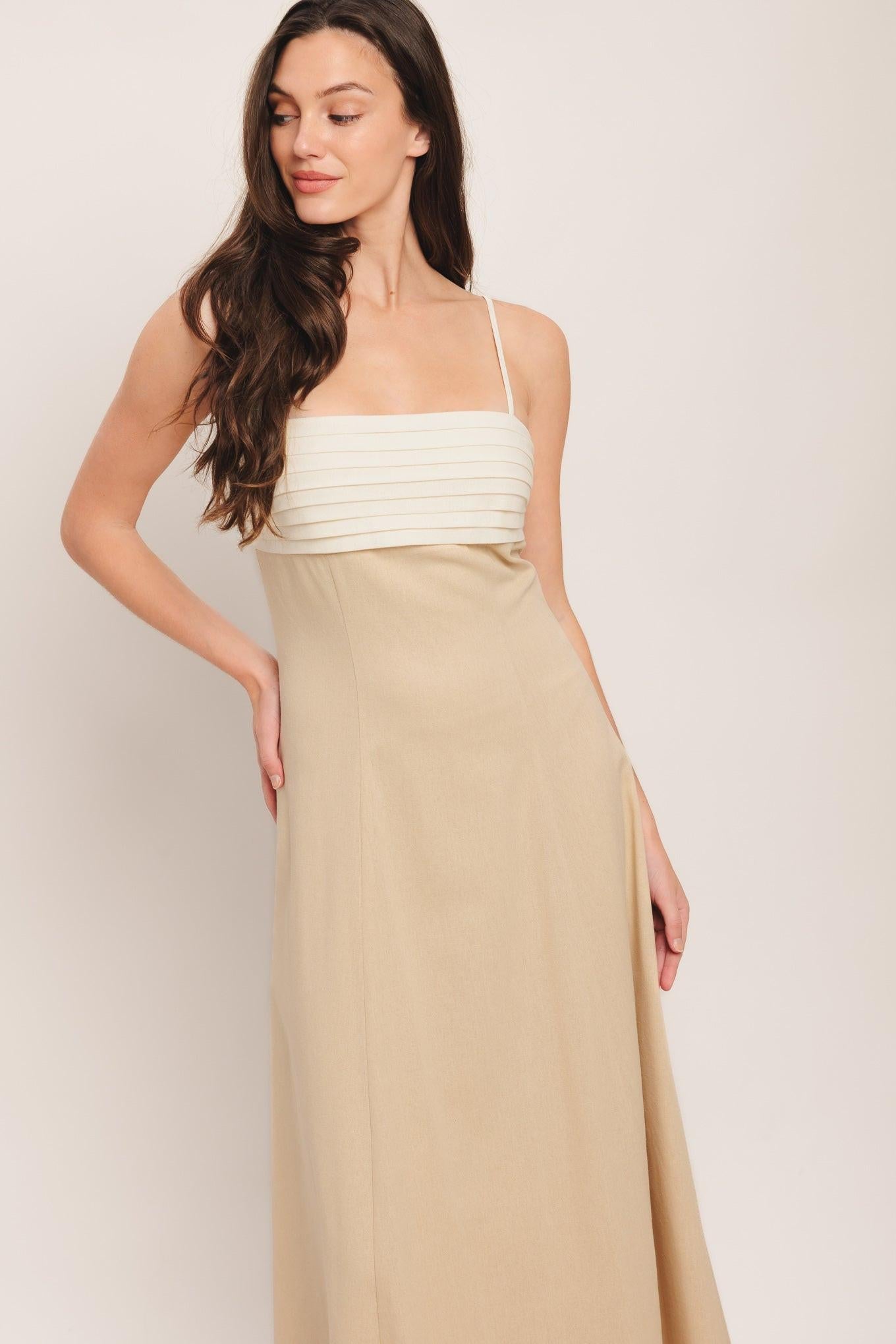 Quiet Luxe Moment Woven Midi Dress in light beige, view 5 — Soul Flow Apparel