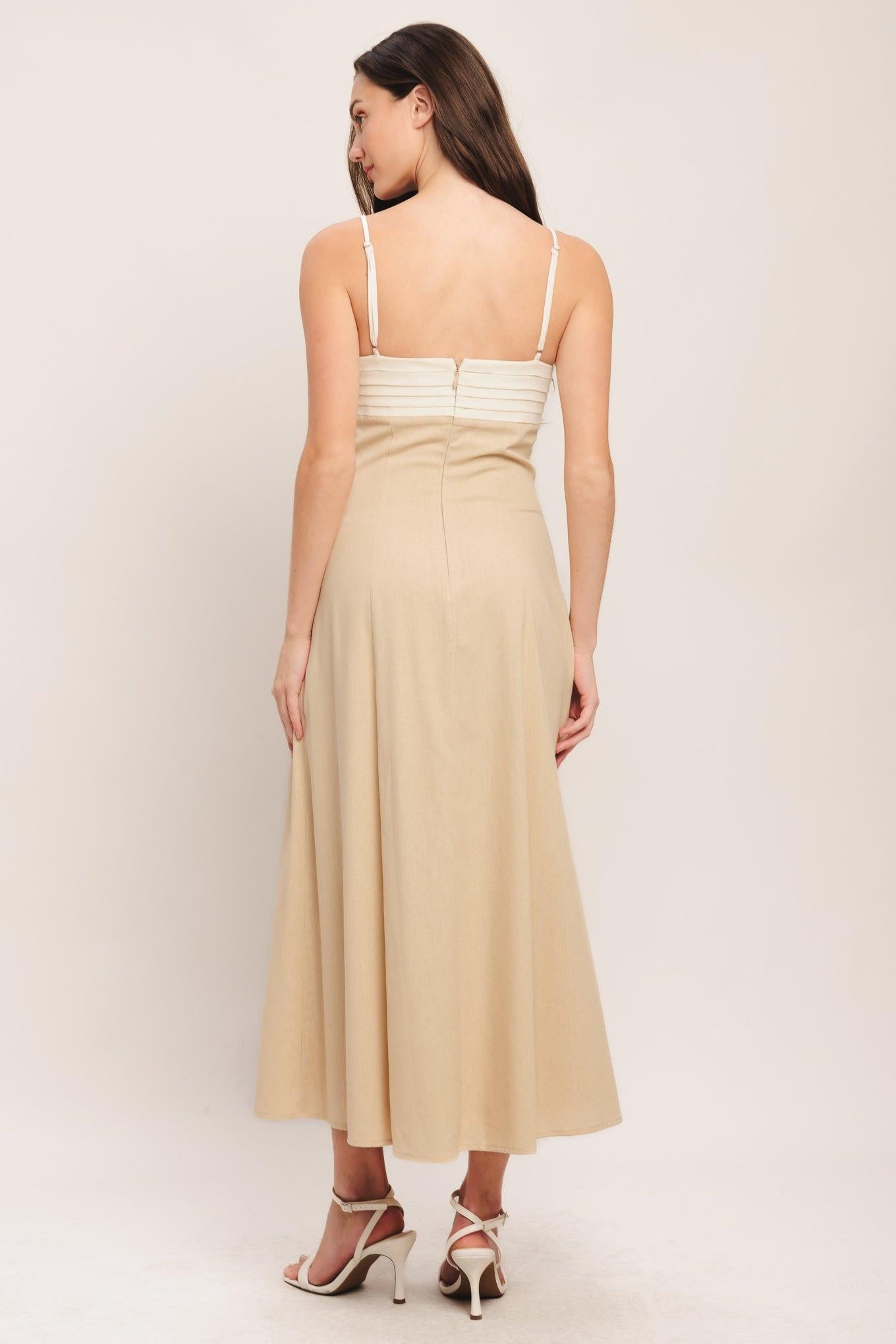 Quiet Luxe Moment Woven Midi Dress in light beige, view 7 — Soul Flow Apparel