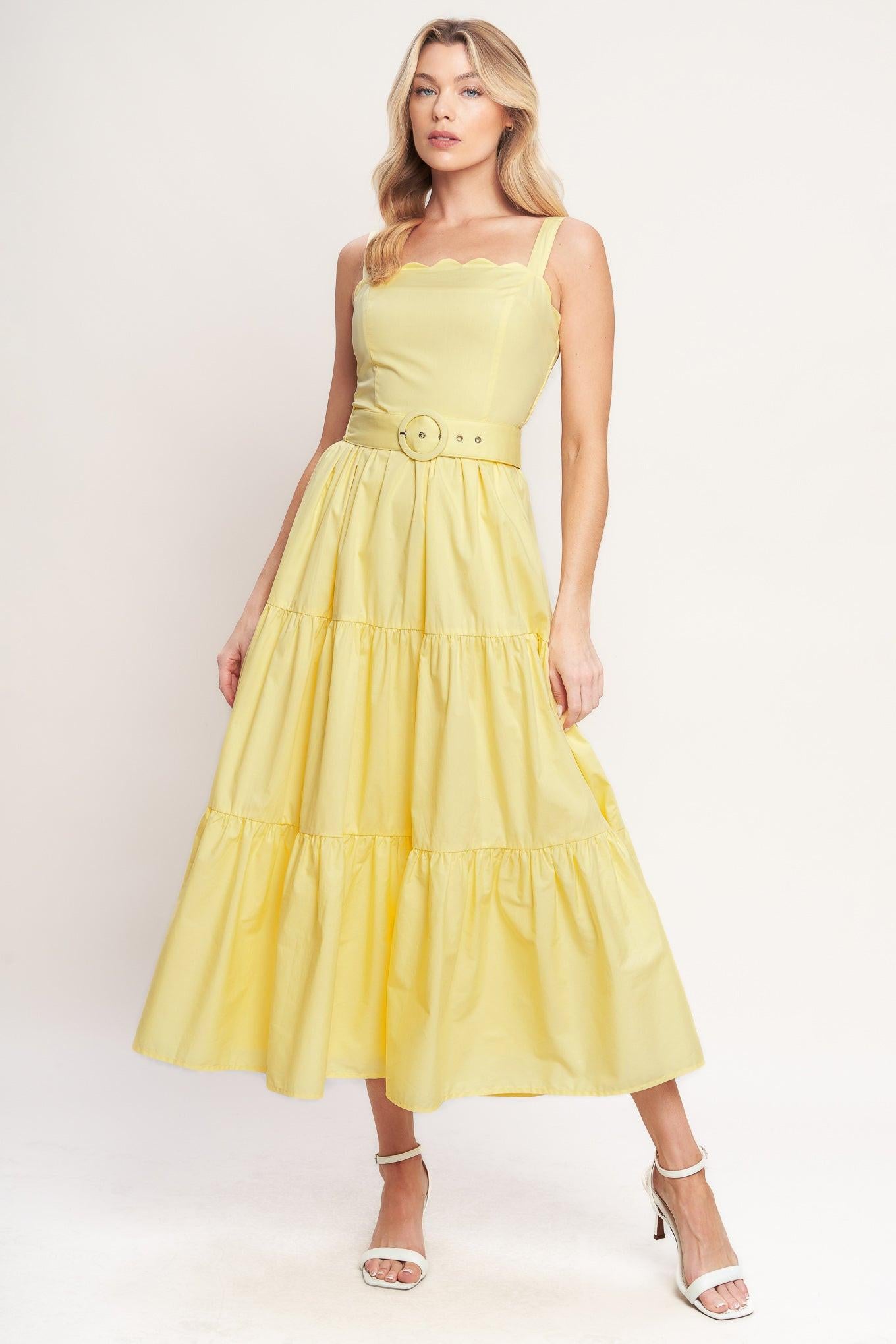 Sunshine Serenade Woven Midi Dress in lemon yellow, view 1 — Soul Flow Apparel