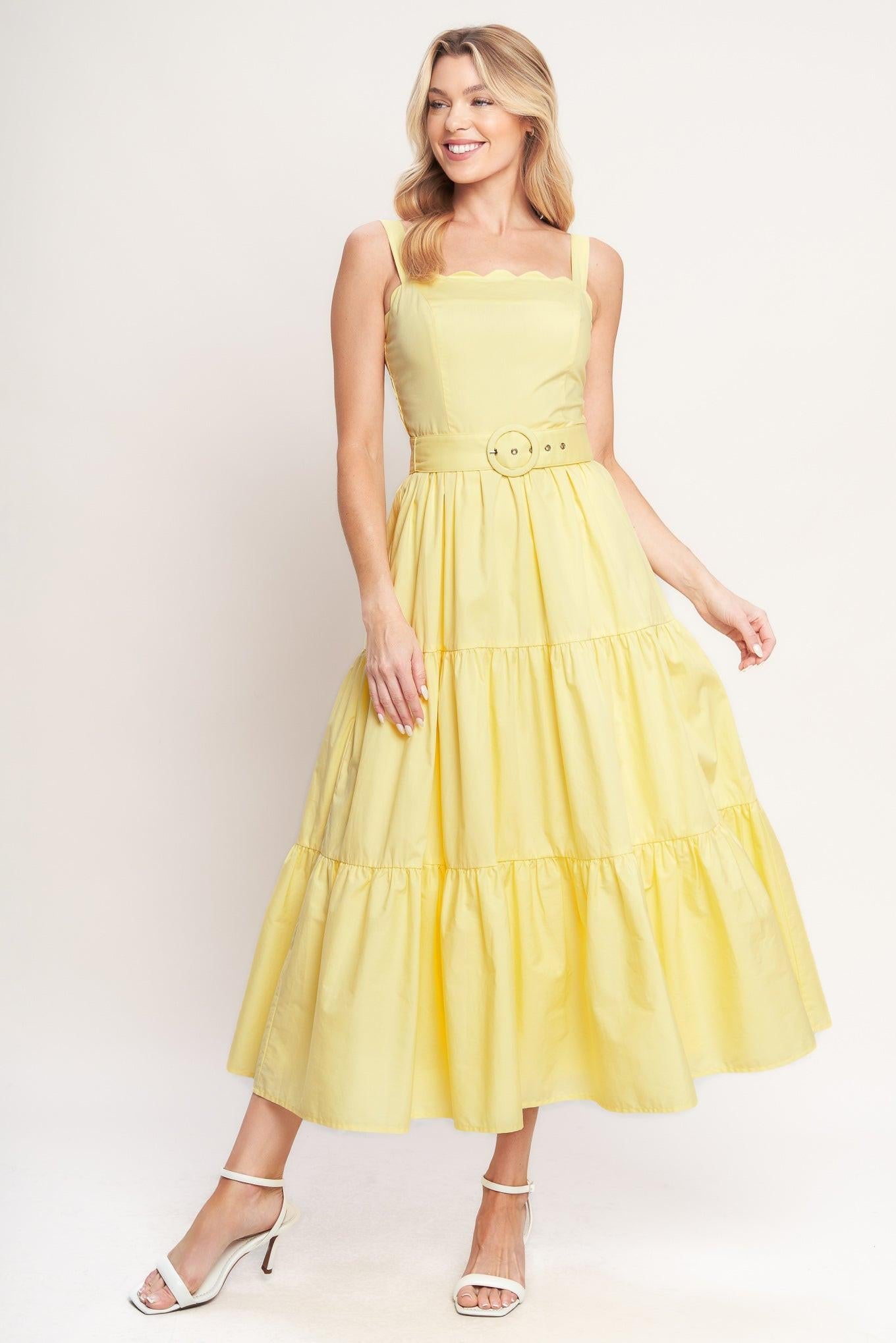 Sunshine Serenade Woven Midi Dress in lemon yellow, view 2 — Soul Flow Apparel