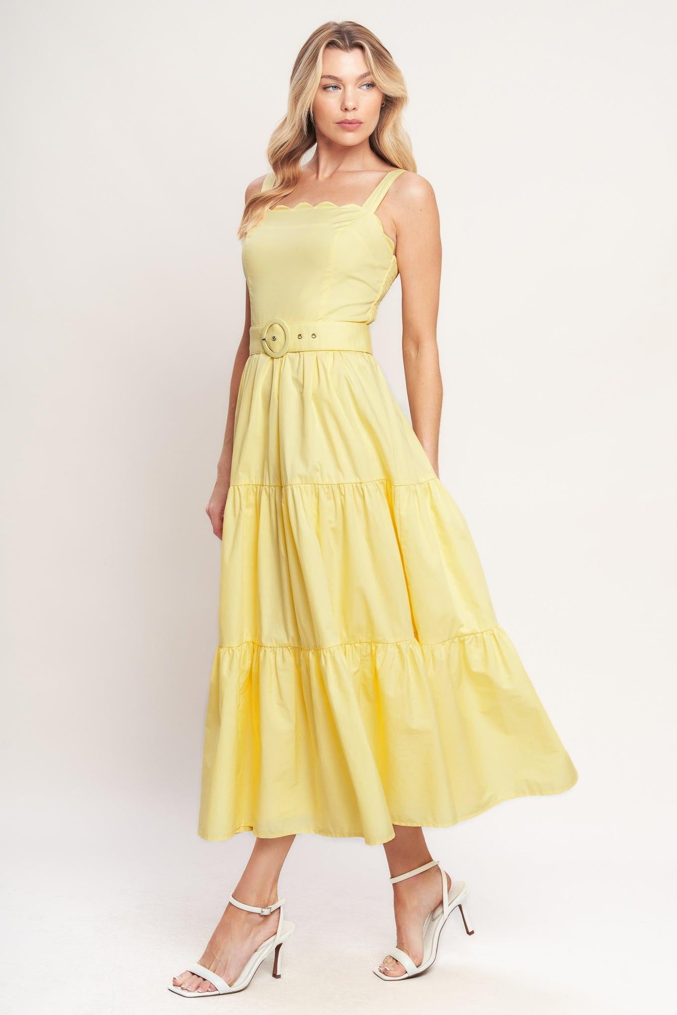 Sunshine Serenade Woven Midi Dress in lemon yellow, view 3 — Soul Flow Apparel