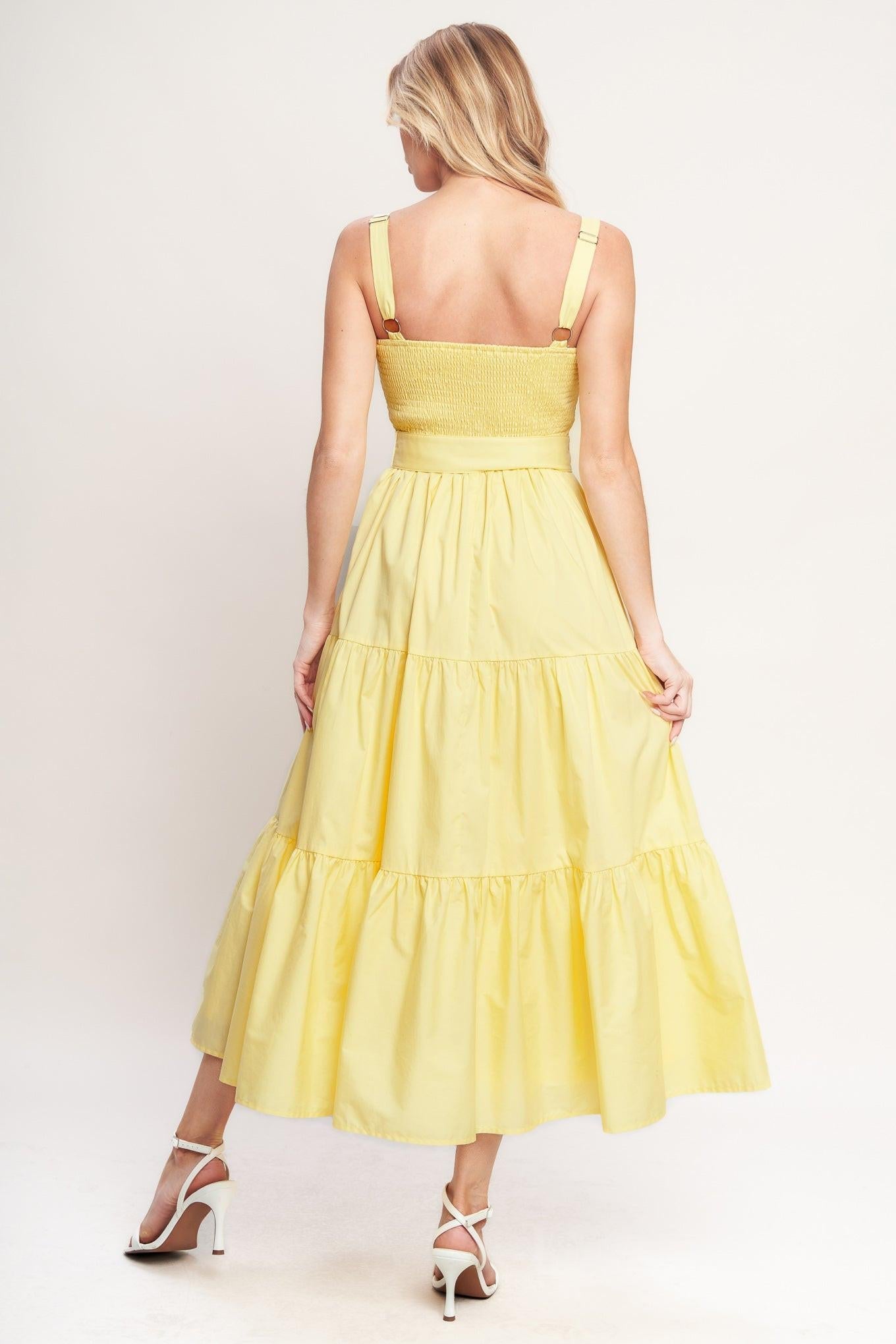 Sunshine Serenade Woven Midi Dress in lemon yellow, view 4 — Soul Flow Apparel