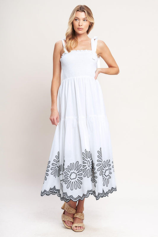 Whispers of Summer Woven Midi Dress in white, view 2 — Soul Flow Apparel