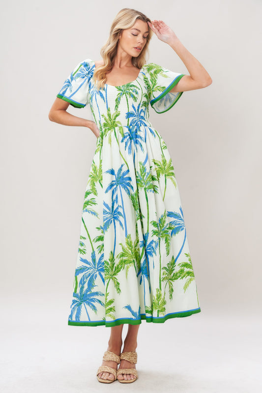 Palm Escapade Woven Midi Dress in white green, view 2 — Soul Flow Apparel