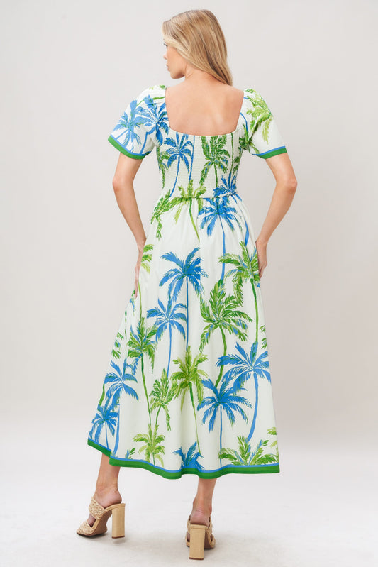 Palm Escapade Woven Midi Dress in white green, view 5 — Soul Flow Apparel