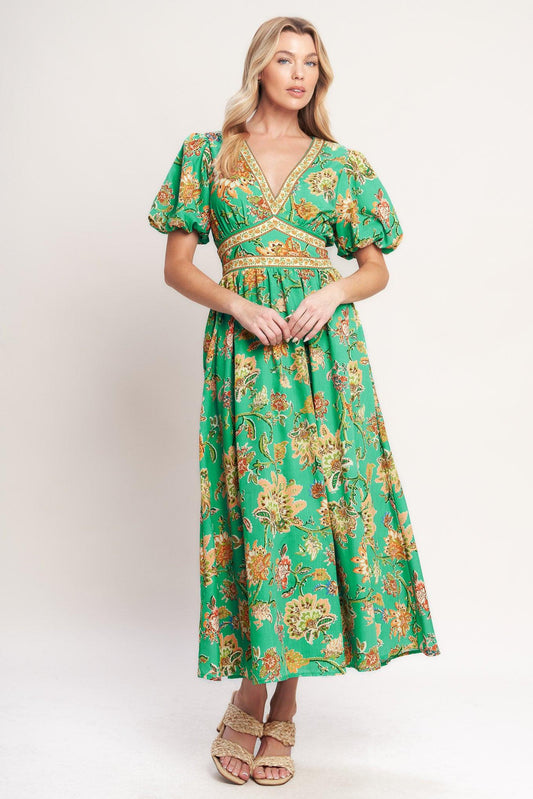 Tropical State of Heart Woven Midi Dress in green, view 1 — Soul Flow Apparel