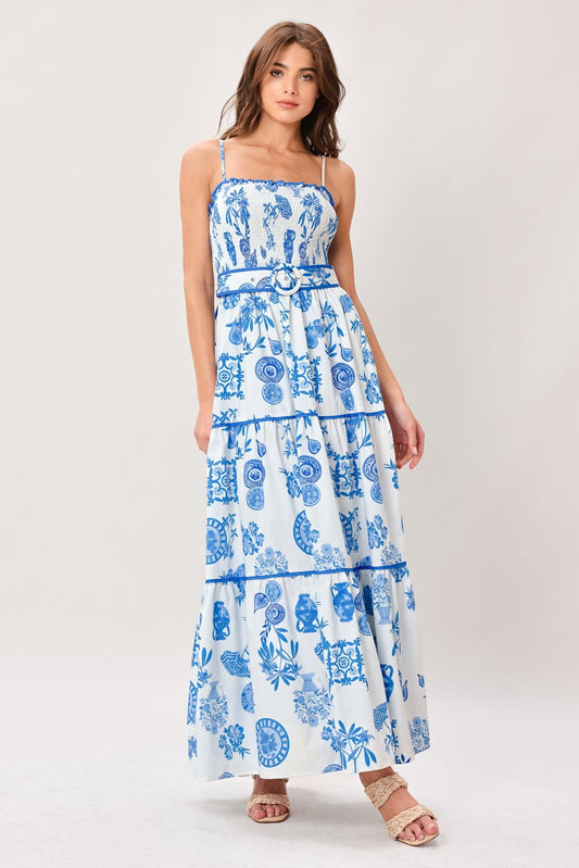Santorini Dream Woven Maxi Dress in ivory blue, view 1 — Soul Flow Apparel