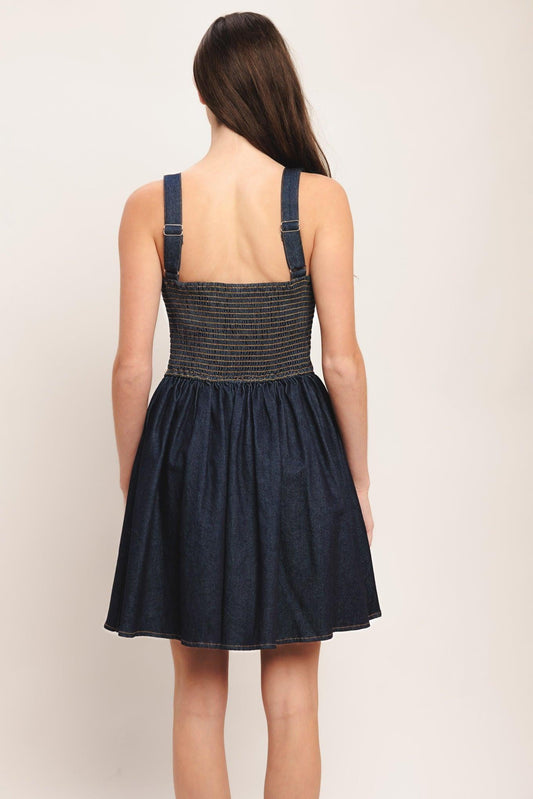 Modern Indigo Denim Mini Dress in dark, view 7 — Soul Flow Apparel