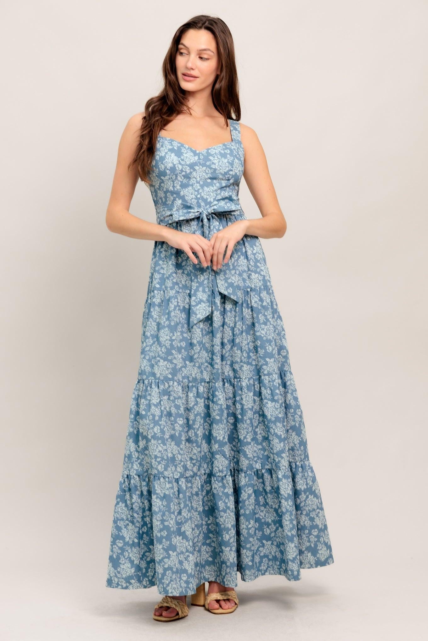 Modern Prairie Bloom Woven Maxi Dress in light indigo, view 1 — Soul Flow Apparel