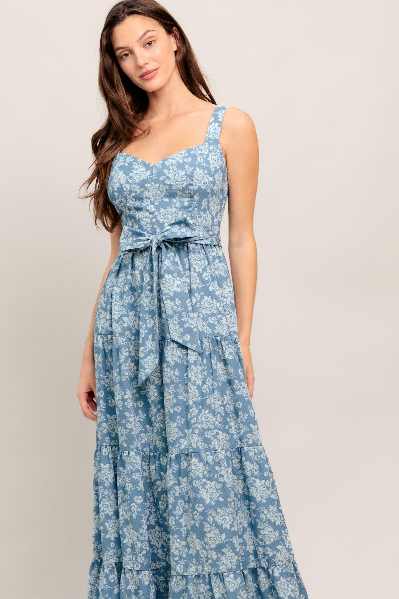 Modern Prairie Bloom Woven Maxi Dress in light indigo, view 2 — Soul Flow Apparel