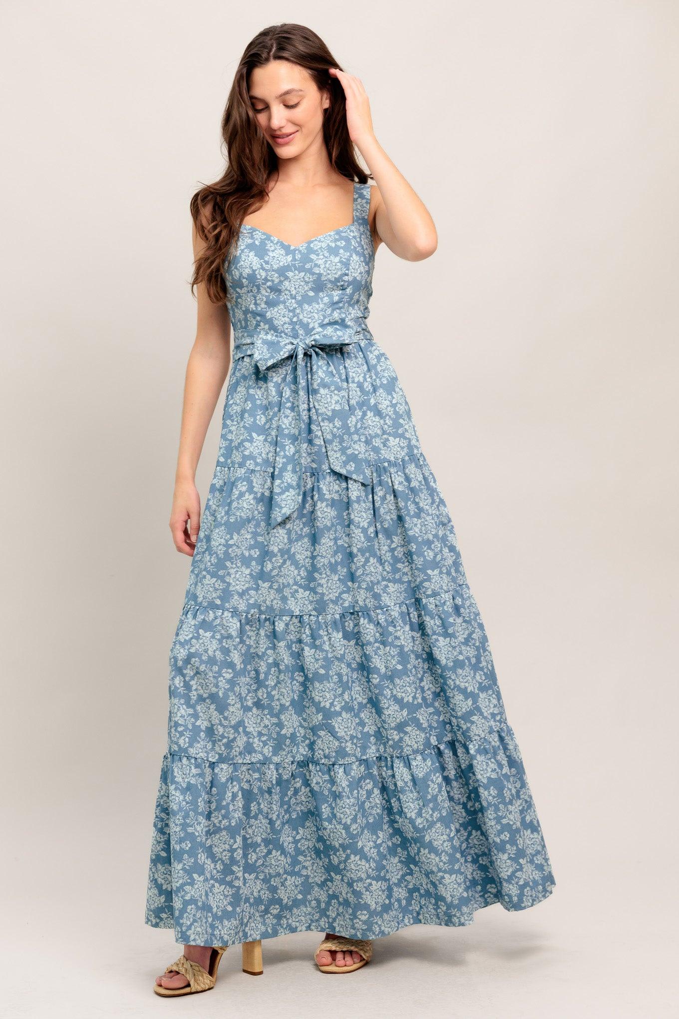 Modern Prairie Bloom Woven Maxi Dress in light indigo, view 3 — Soul Flow Apparel