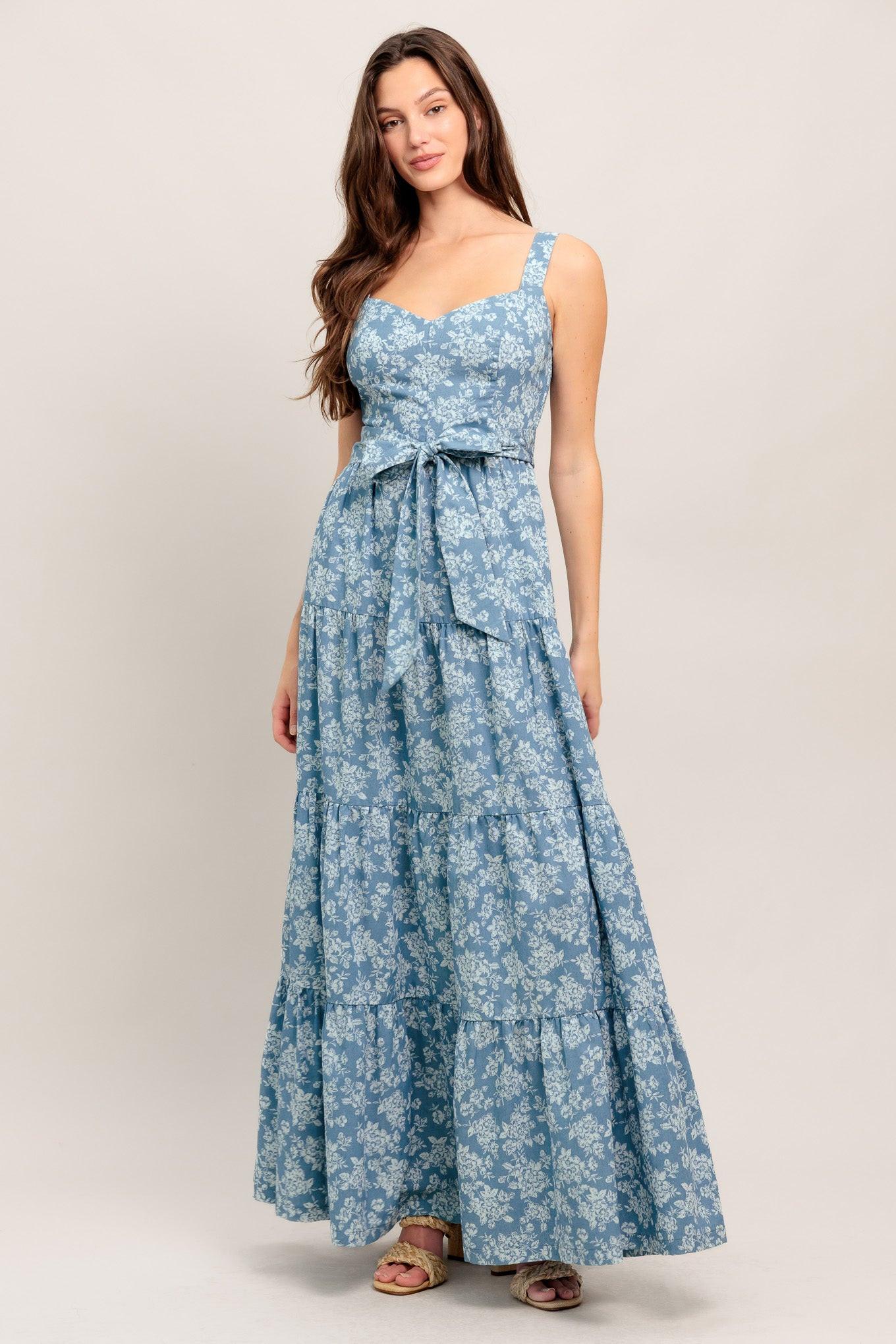 Modern Prairie Bloom Woven Maxi Dress in light indigo, view 4 — Soul Flow Apparel