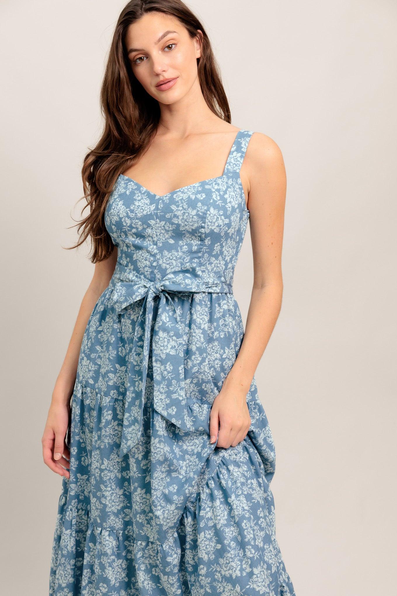 Modern Prairie Bloom Woven Maxi Dress in light indigo, view 5 — Soul Flow Apparel