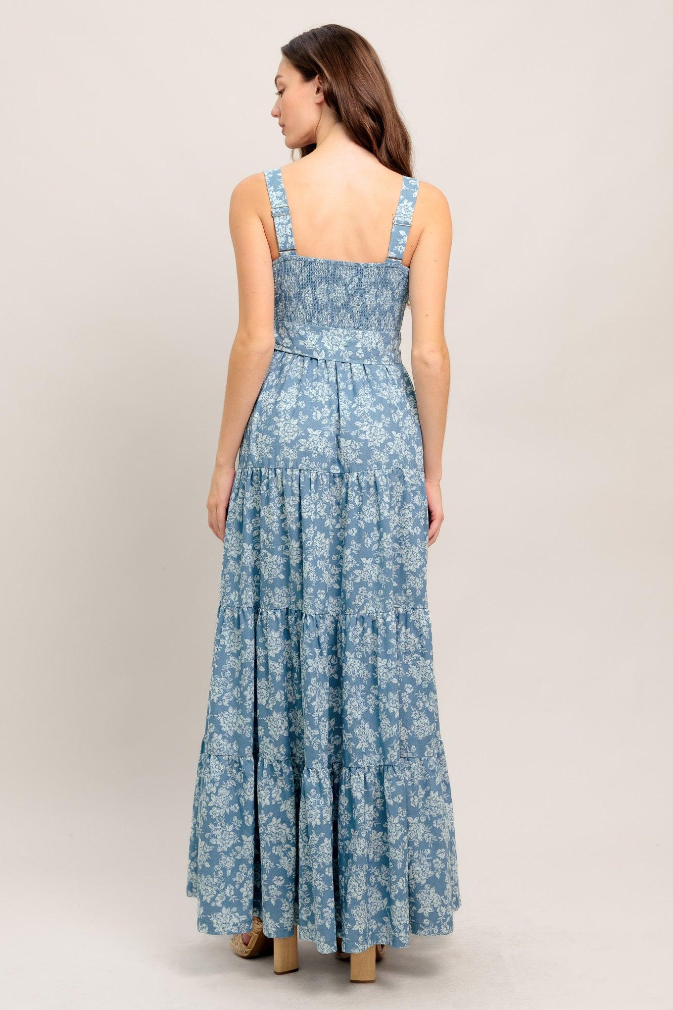 Modern Prairie Bloom Woven Maxi Dress in light indigo, view 6 — Soul Flow Apparel