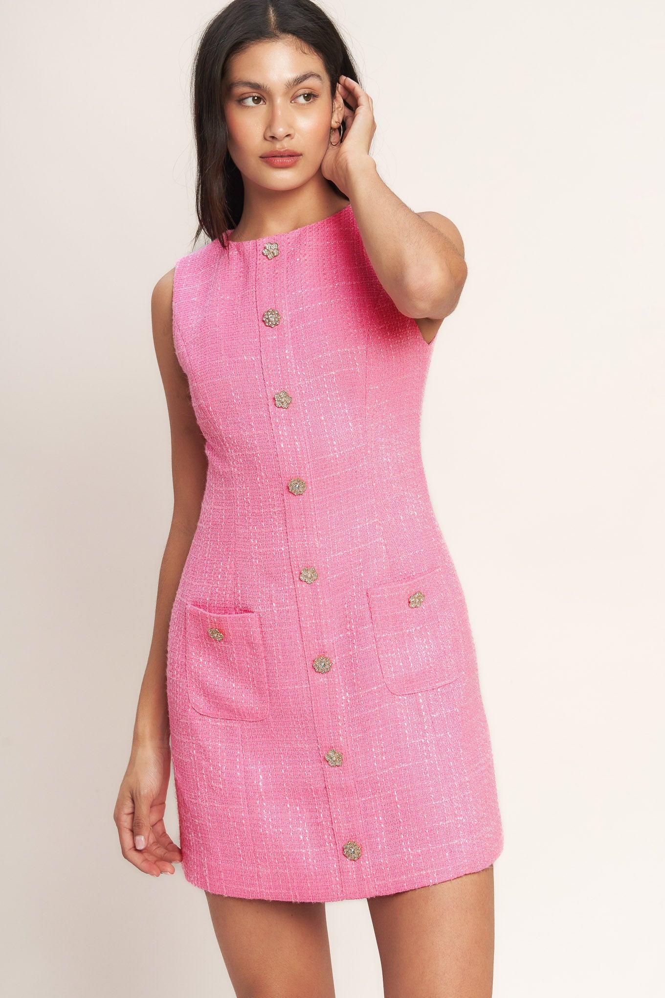 Main Character Moment Tweed Mini Dress in pink, view 6 — Soul Flow Apparel