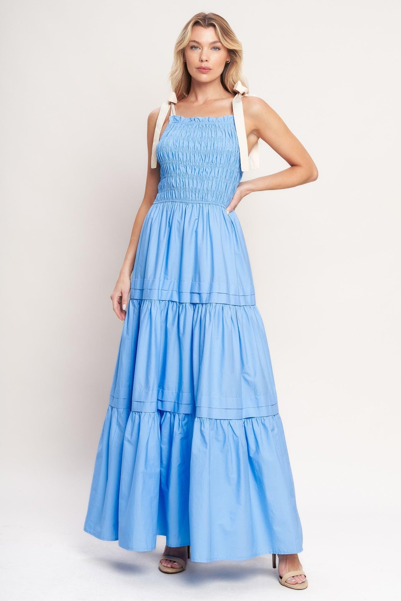 Sweet Serenity Tiered Woven Maxi Dress in blue, view 1 — Soul Flow Apparel