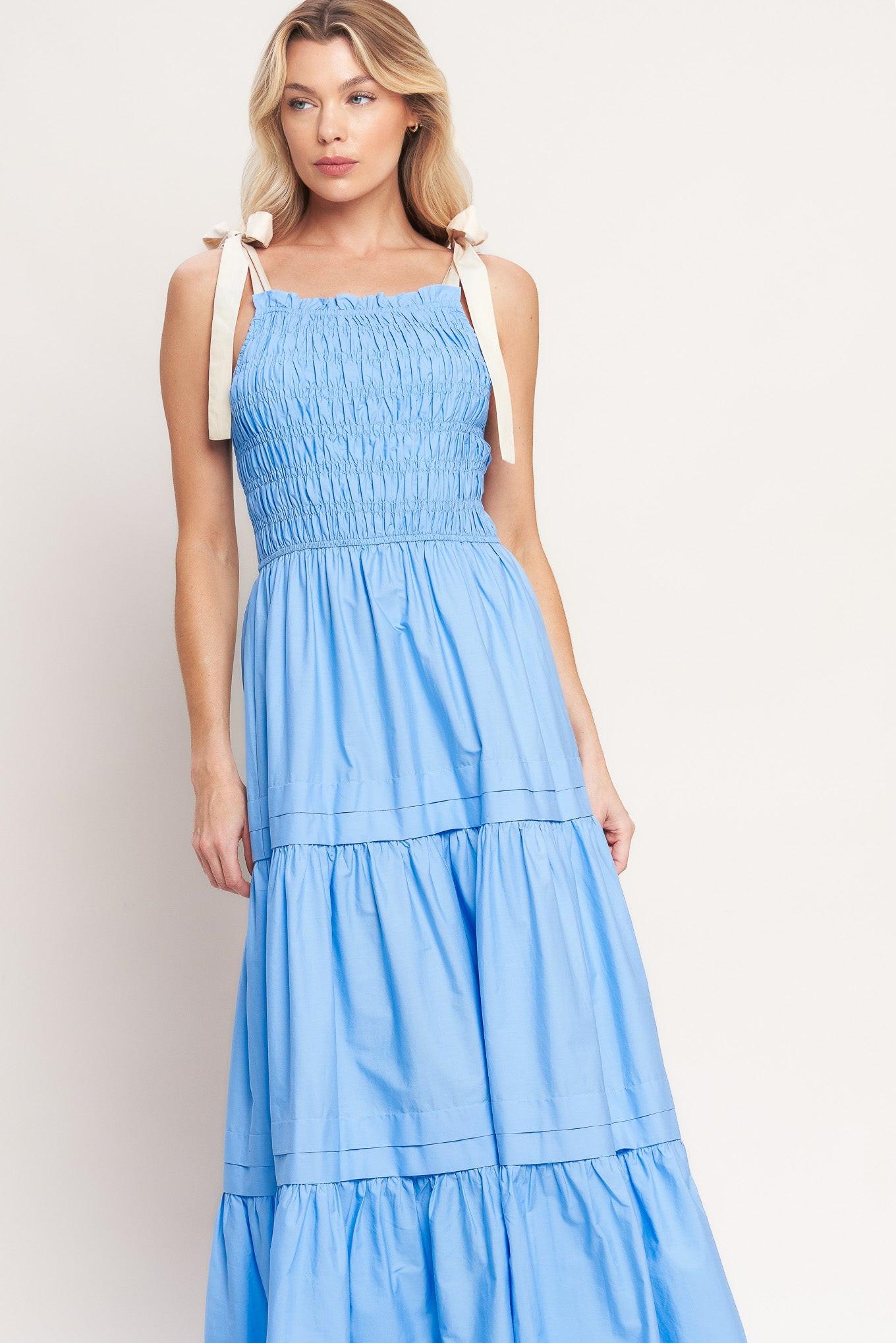 Sweet Serenity Tiered Woven Maxi Dress in blue, view 2 — Soul Flow Apparel