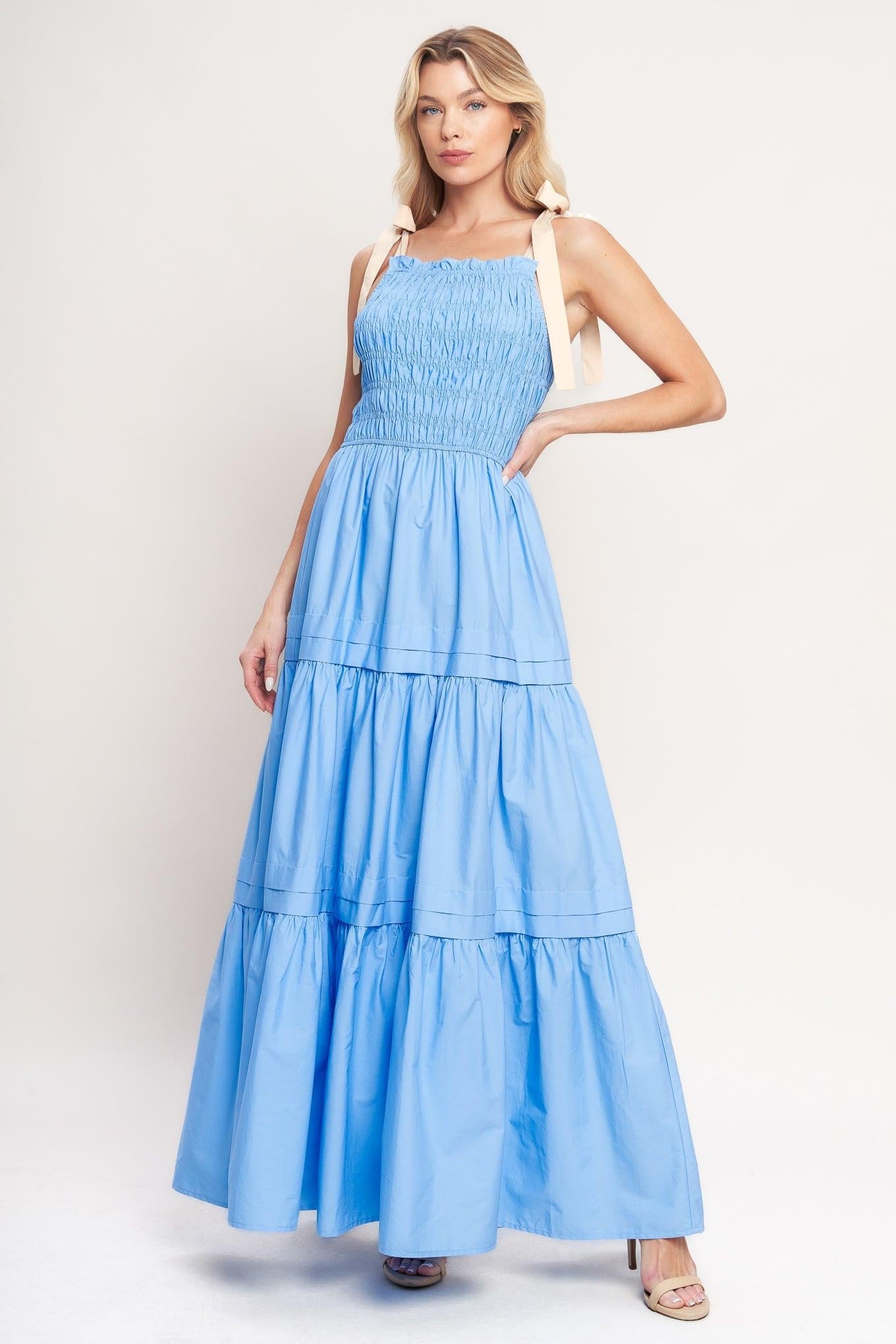 Sweet Serenity Tiered Woven Maxi Dress in blue, view 3 — Soul Flow Apparel