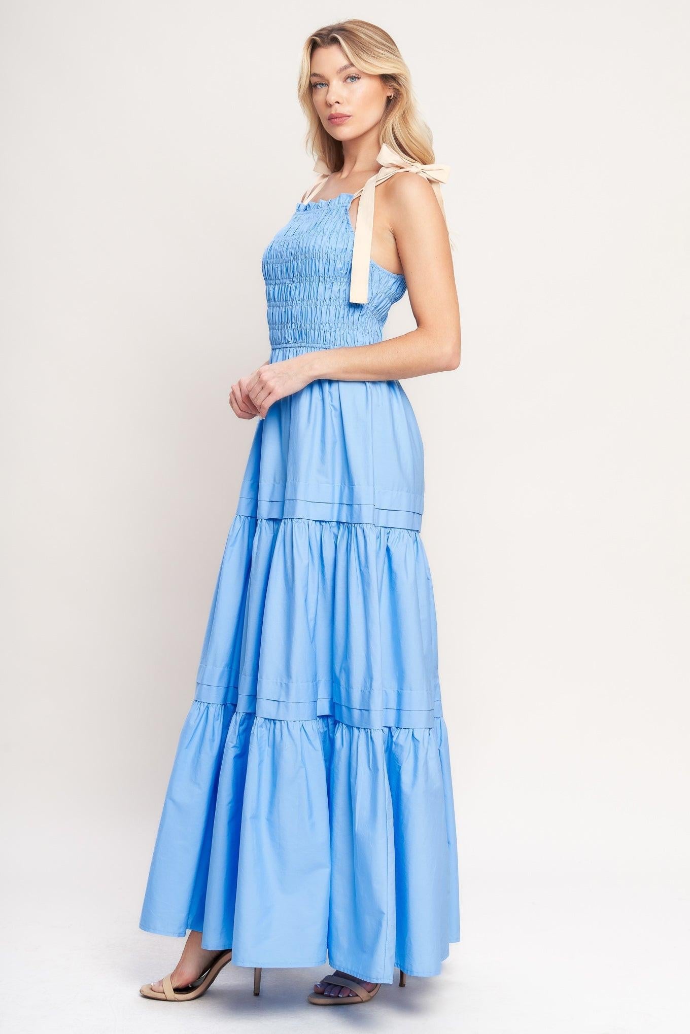 Sweet Serenity Tiered Woven Maxi Dress in blue, view 4 — Soul Flow Apparel