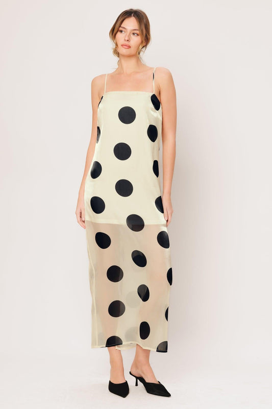 Avant Dot Woven Midi Dress in ivory black, view 1 — Soul Flow Apparel