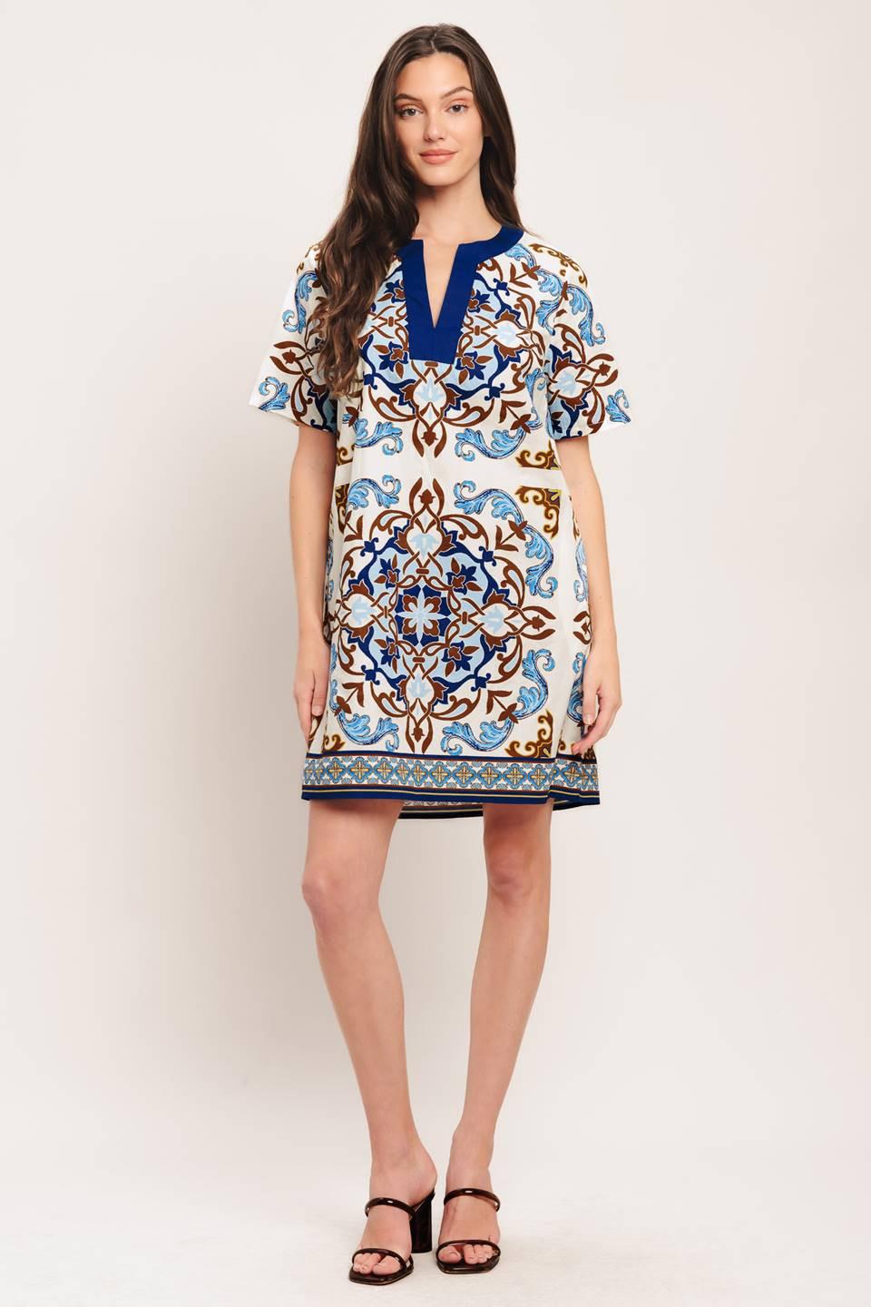 Mediterranean Soul Woven Mini Dress in ivory blue, view 1 — Soul Flow Apparel