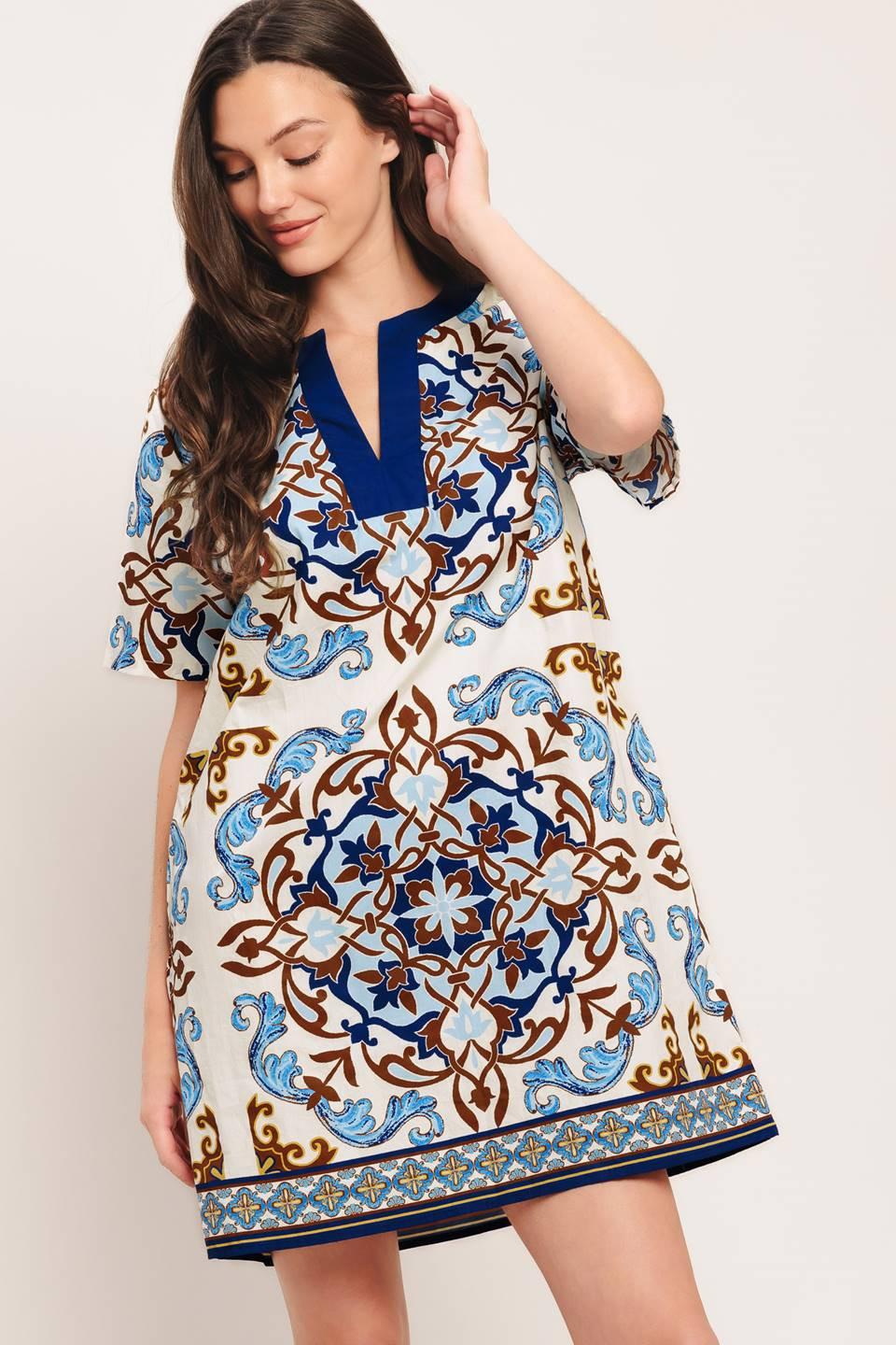 Mediterranean Soul Woven Mini Dress in ivory blue, view 2 — Soul Flow Apparel