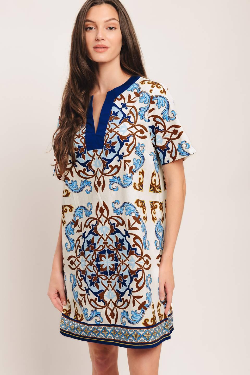 Mediterranean Soul Woven Mini Dress in ivory blue, view 3 — Soul Flow Apparel