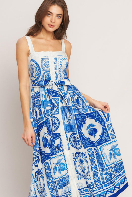 Blue Majolica Charm Woven Midi Dress in ivory blue, view 3 — Soul Flow Apparel