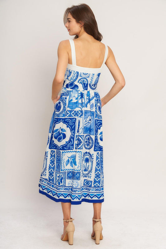 Blue Majolica Charm Woven Midi Dress in ivory blue, view 5 — Soul Flow Apparel