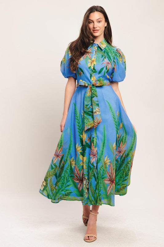 Palm Serenade Blue Woven Midi Dress, view 3 — Soul Flow Apparel