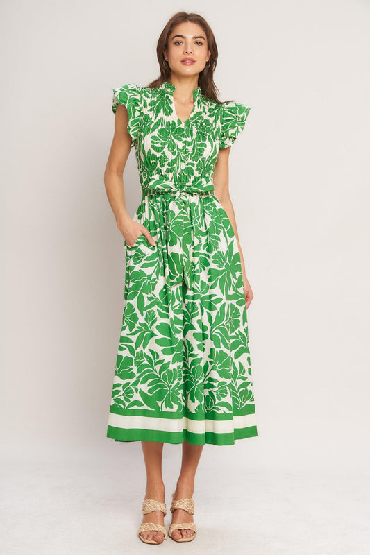Bloom Energy Woven Midi Dress in ivory green, view 1 — Soul Flow Apparel