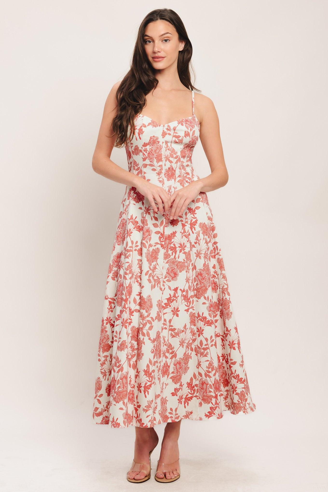 Floral Haze Woven Midi Dress in ivory coral, view 1 — Soul Flow Apparel