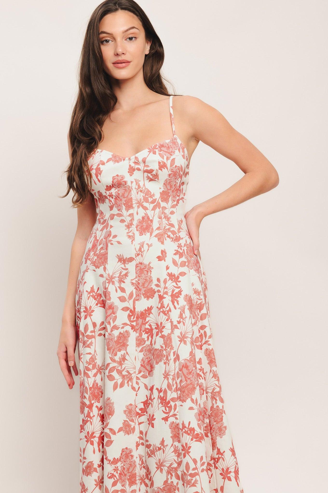Floral Haze Woven Midi Dress in ivory coral, view 2 — Soul Flow Apparel