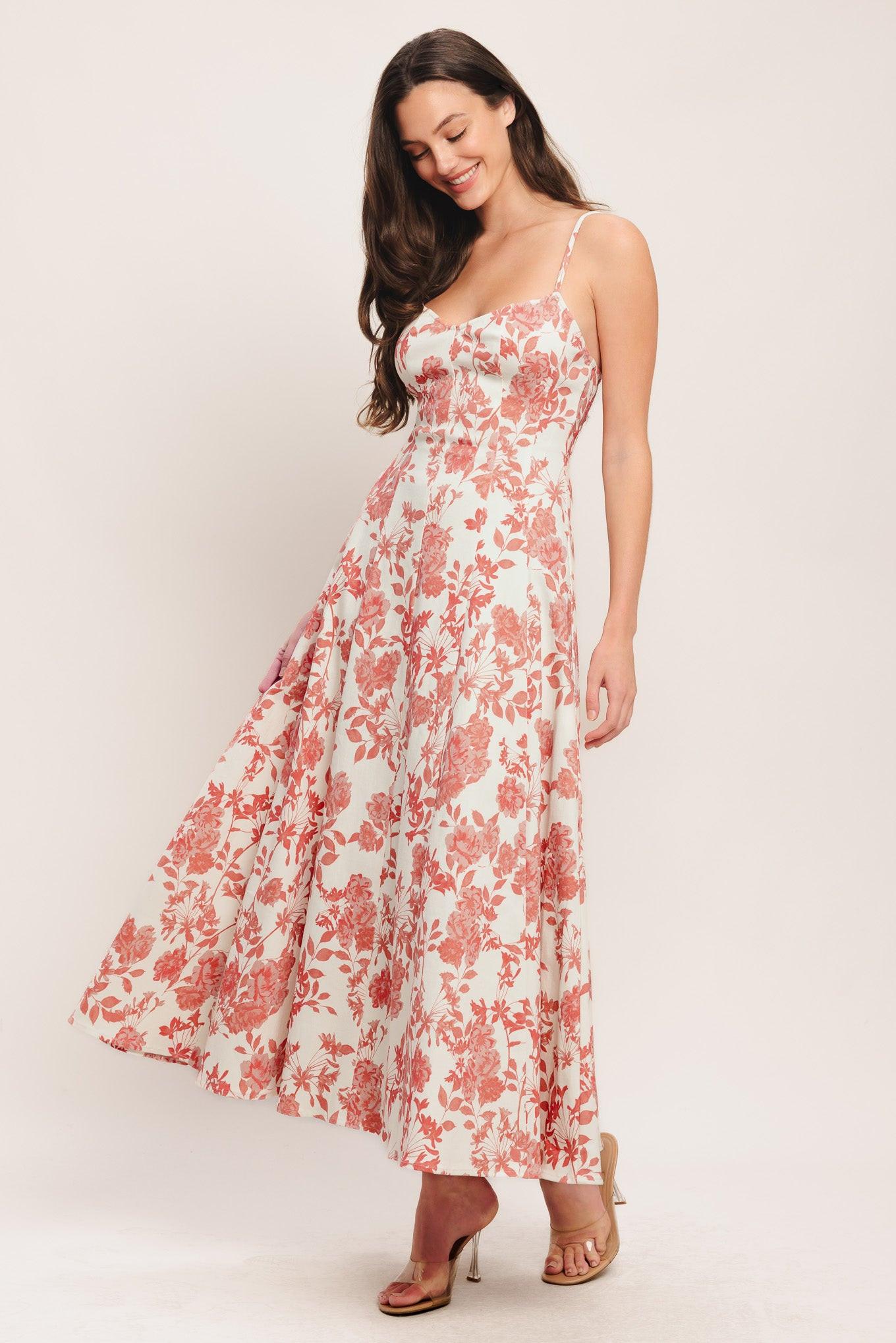 Floral Haze Woven Midi Dress in ivory coral, view 3 — Soul Flow Apparel